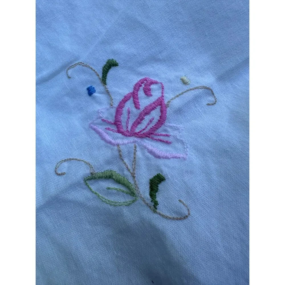 Vintage Hand Embroidered Tablecloth White floral pink blue beautiful cut out